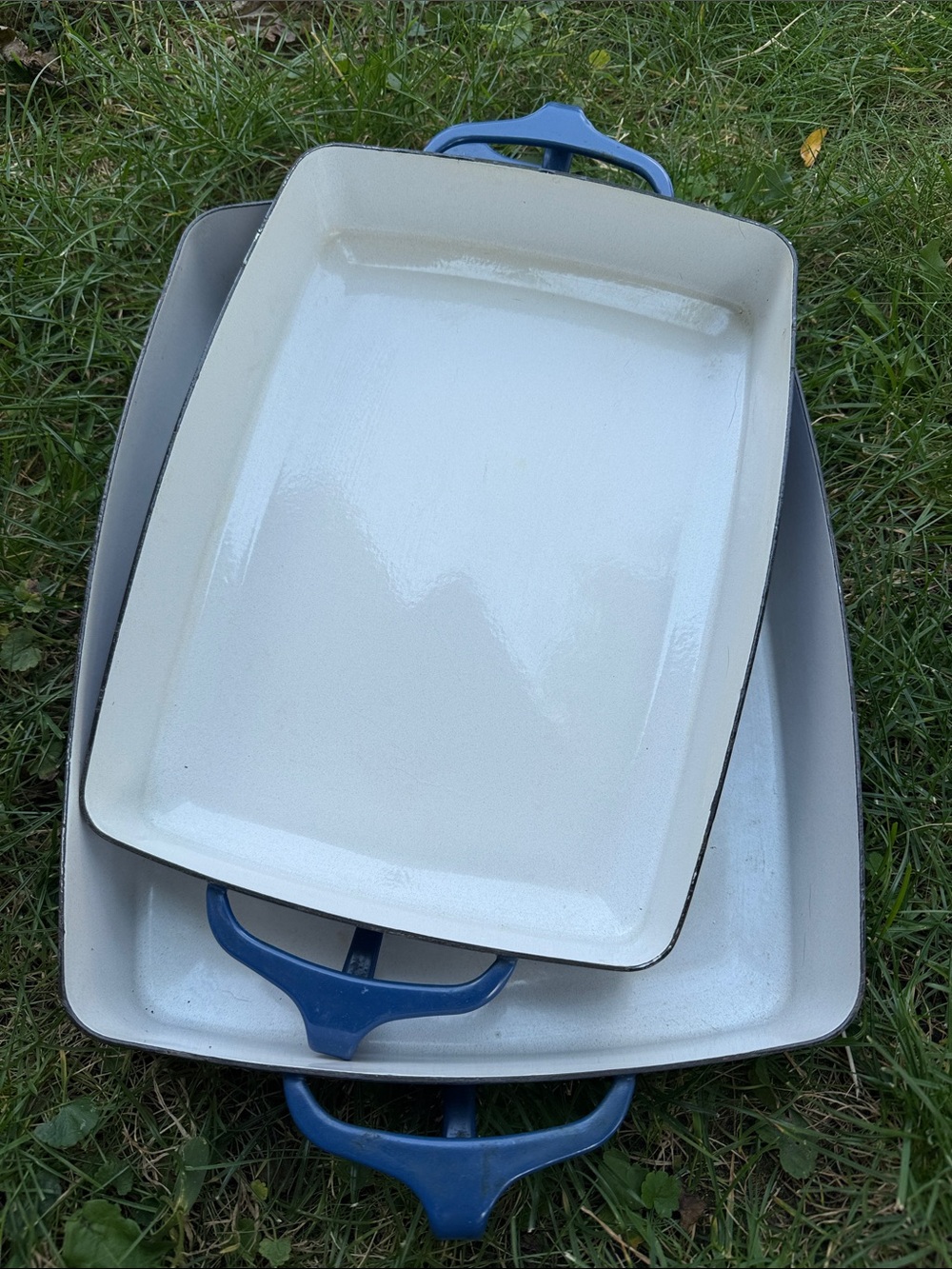 Midcentury Dansk White and blue Enamel Kobenstyle Casserole pans
